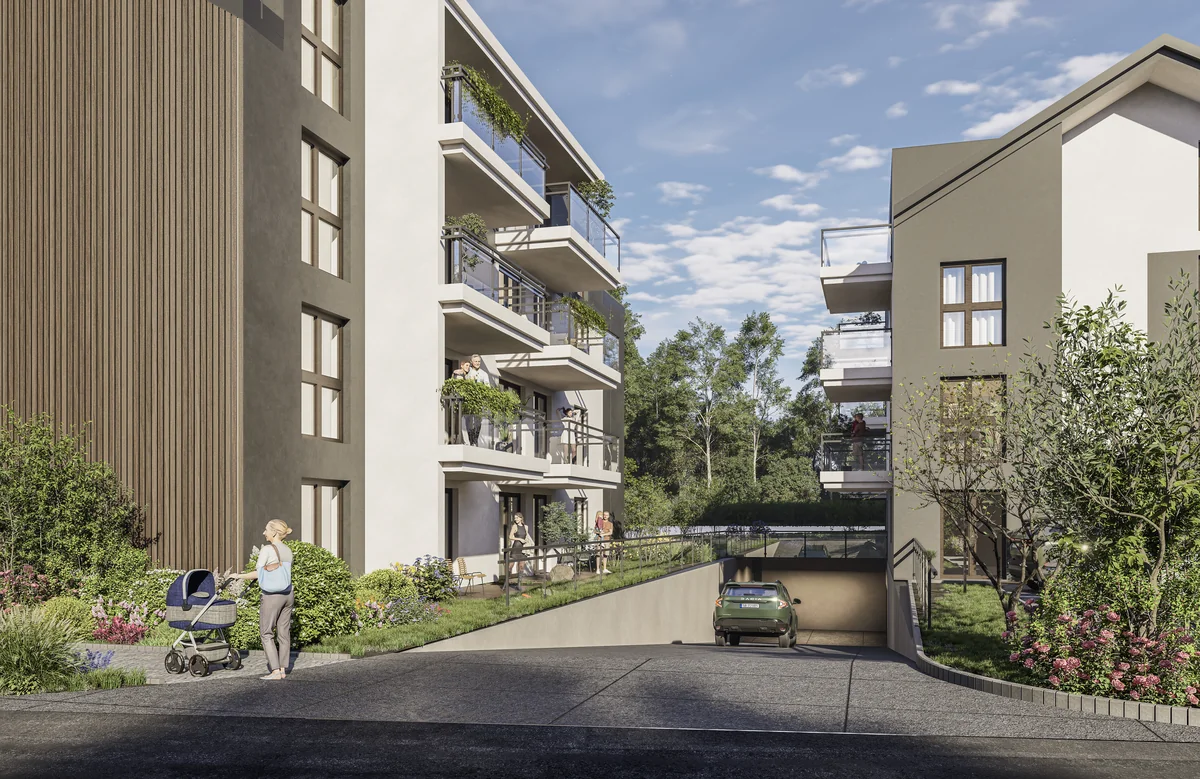 Wizualizacja Sucha 10 — zielona przestrzeń pomiędzy budynkami